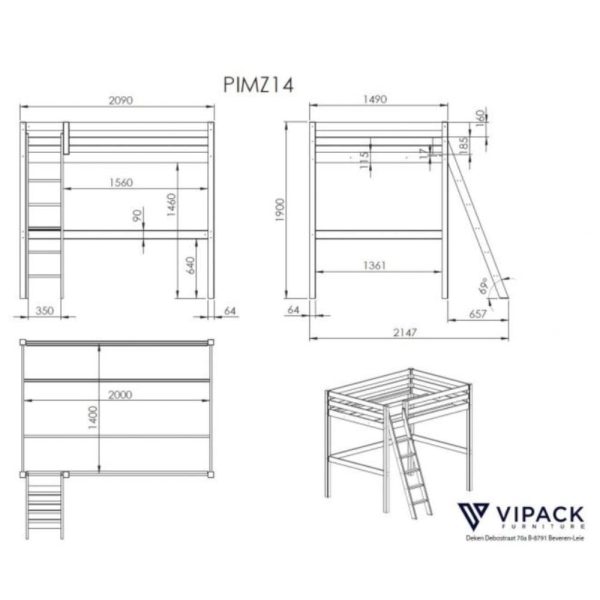 Vipack - Pino High Sleeper Double Bed with Single Bed - White Cheap