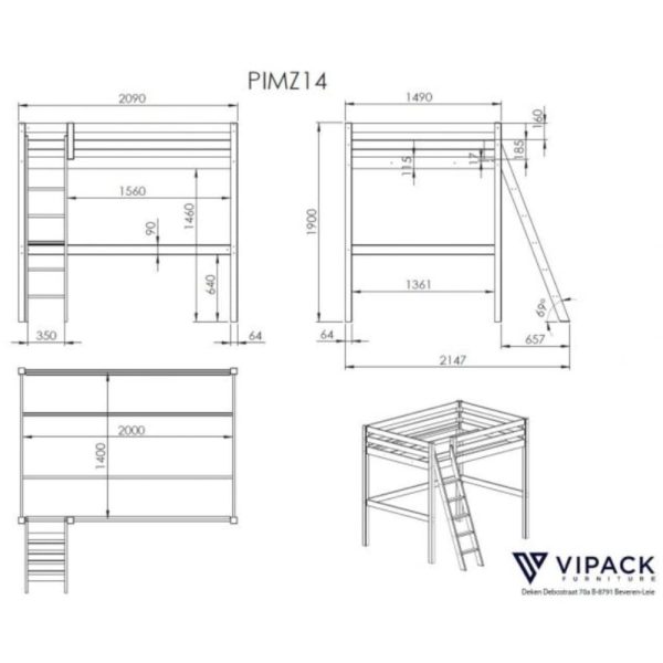 Vipack - Pino High Sleeper Double Bed with Sofa Bed - Grey Online